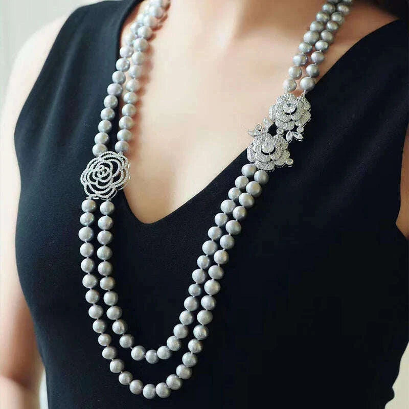 2ROWS freshwater pearl WHITE/GRAY ROUND 8-9MM necklace 24-26" FPPJ wholesale for woman gift