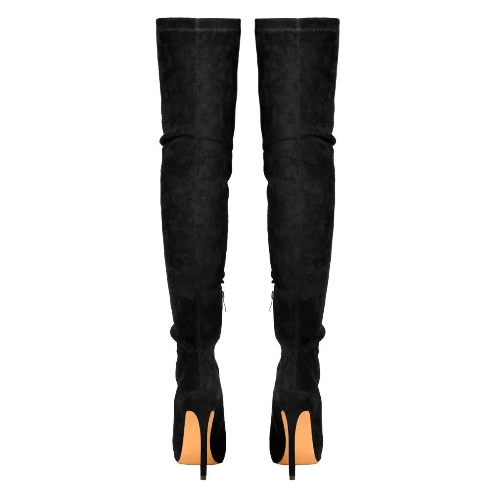 Onlymaker Womens Stretch Thigh High Socks Booties Pointed Toe High Heel Over the Knee Boots Faux Suede Black Big Size Boots