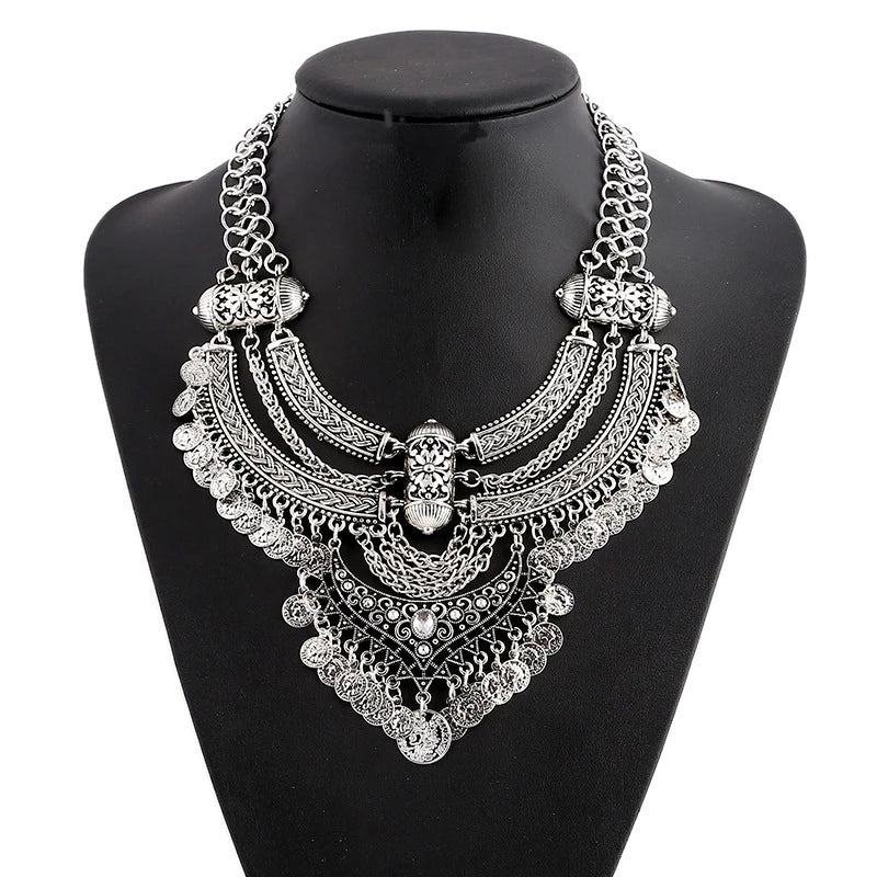 Indian Fashion Silver Plated Vintage Statement Large Necklace Women Boho Ethnic Maxi Big Collar Chunky Choker Necklace Jewelry