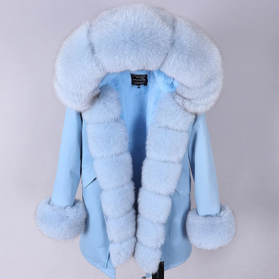 MAOMAOKONG 2024 Winter Women Coat Natural Fox Fur Collar Cuff Black Jackets Outwear Thick Luxury Real Fur Parka Women's Fur Coat