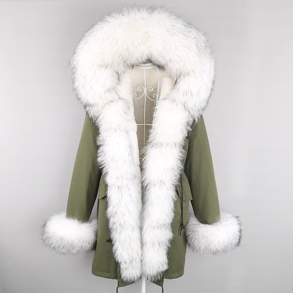 2024 Winter Jacket Women Natural Raccoon Fur Collar Real Fur Coat Color matching Hood Cuffs Thick Warm Outerwear New Long Parka