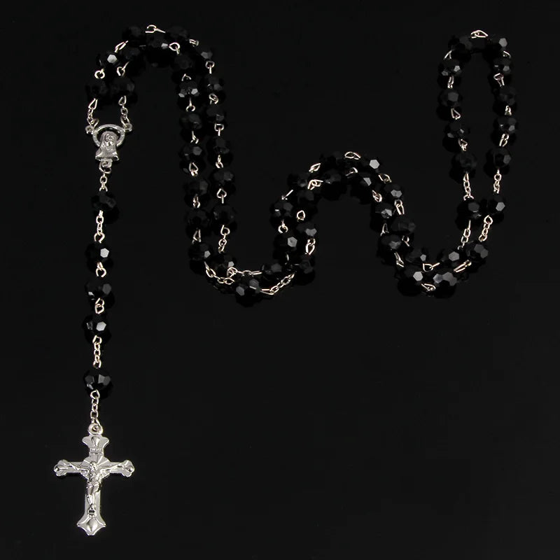 8mm fashion rosary ladies necklace high quality diy Jesus Christian cross necklace and pendant long chain jewelry jewelry