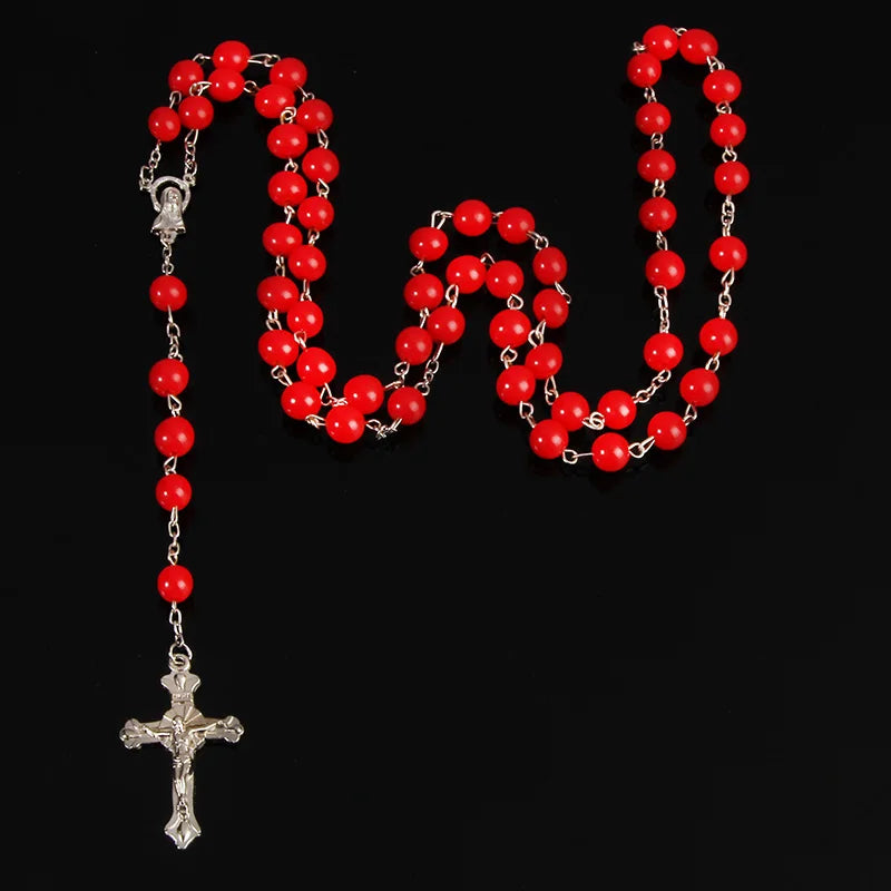 8mm fashion rosary ladies necklace high quality diy Jesus Christian cross necklace and pendant long chain jewelry jewelry