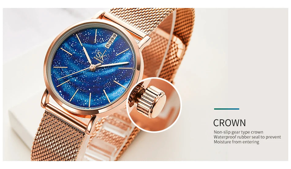 Shengke Women Watches Starry Green Dial Mesh Band Ladies Wristwatch Ultra-thin Stainless Steel Strap Quartz Montre Femme Gift