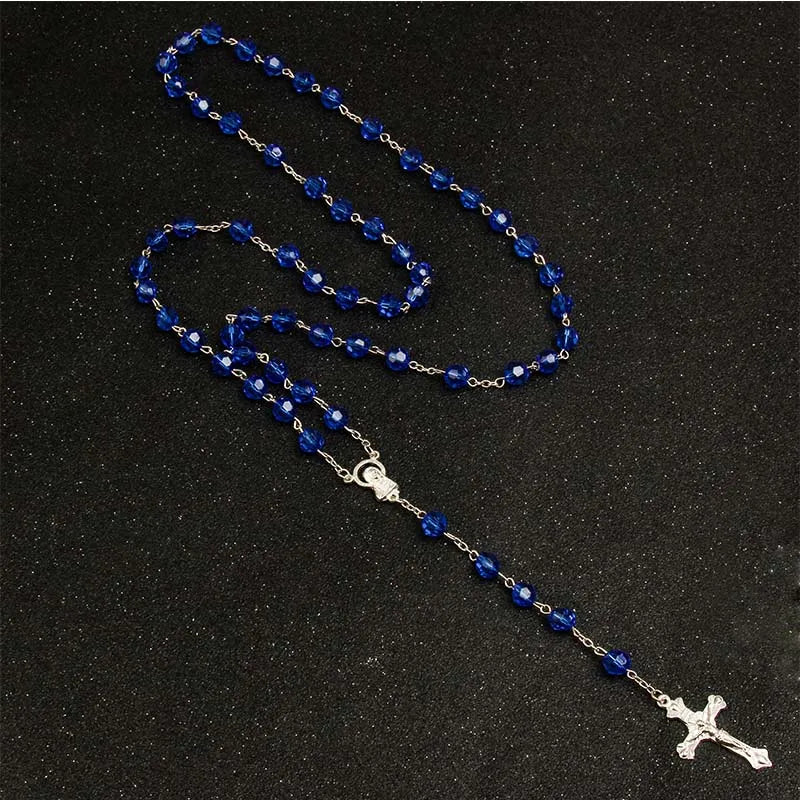8mm fashion rosary ladies necklace high quality diy Jesus Christian cross necklace and pendant long chain jewelry jewelry