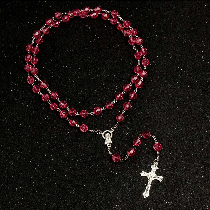 8mm fashion rosary ladies necklace high quality diy Jesus Christian cross necklace and pendant long chain jewelry jewelry