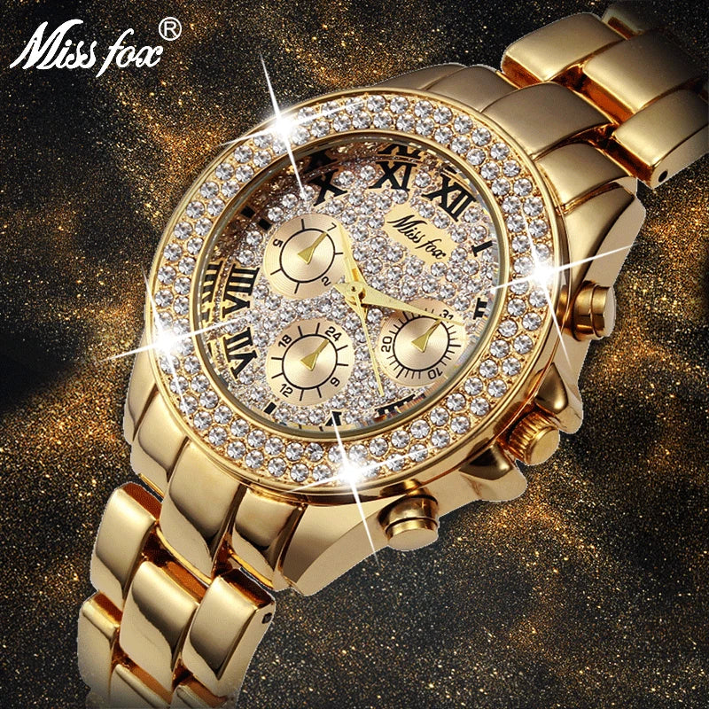 MISSFOX Women Watches Classic Roman Numbers Fake Multiple Time Zones Quartz Watch Women Fashion Casual Gold Bling Ladies Watch