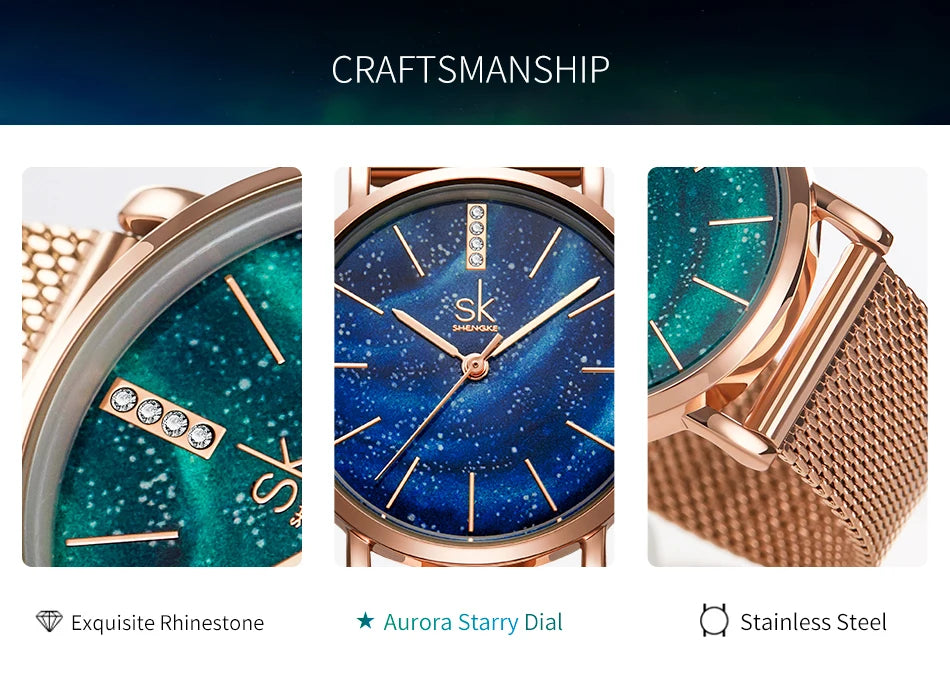 Shengke Women Watches Starry Green Dial Mesh Band Ladies Wristwatch Ultra-thin Stainless Steel Strap Quartz Montre Femme Gift