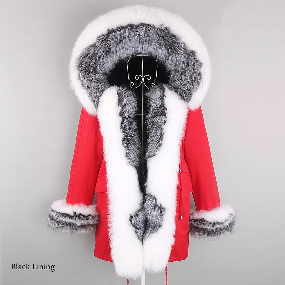 2024 Winter Jacket Women Natural Raccoon Fur Collar Real Fur Coat Color matching Hood Cuffs Thick Warm Outerwear New Long Parka