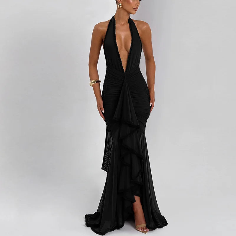 Elegant High-End Flowy Tulle Maxi Evening Gown with Ultra-Deep V-Neck & Backless Design Sexy Allure