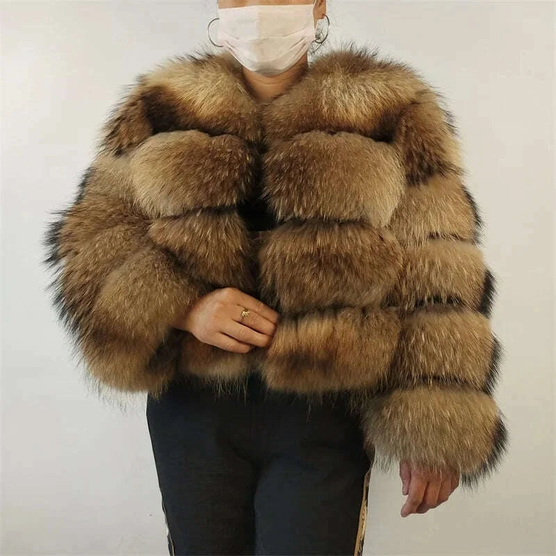BEIZIRU Real Raccoon Fur Coat Women Winter Long Sleeve Natural Luxury Jackets Thick Top