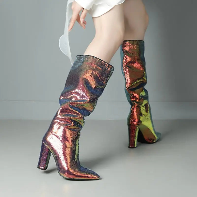Bling New Botas Alto Chunky Heel Shoes 2025 Knee-High Women Boots