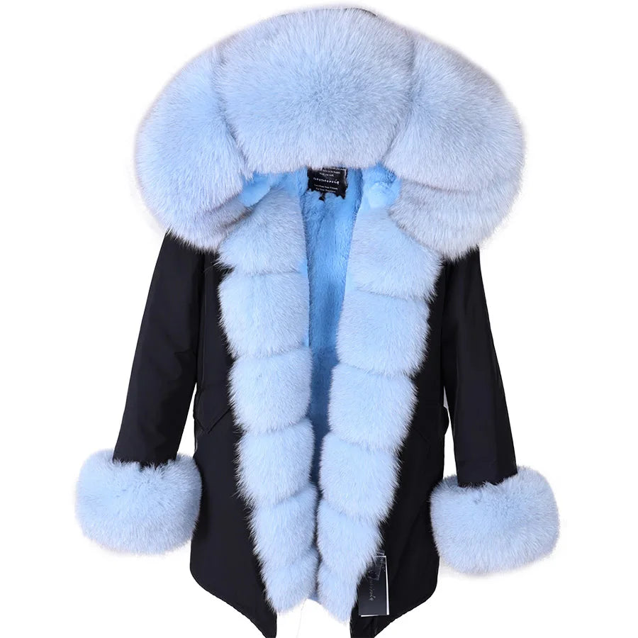 MAOMAOKONG 2024 Winter Women Coat Natural Fox Fur Collar Cuff Black Jackets Outwear Thick Luxury Real Fur Parka Women's Fur Coat