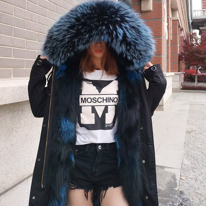 Maomaokong Winter Women's Fur Jacket Long Outdoor Tops Real Fox Fur Collar Inner Fur Lining Parka Natural Silver Fox Women Coat