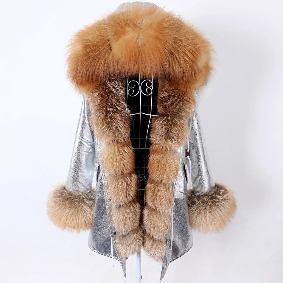 MAOMAOKONG 2024 Winter Women Coat Natural Fox Fur Collar Cuff Black Jackets Outwear Thick Luxury Real Fur Parka Women's Fur Coat