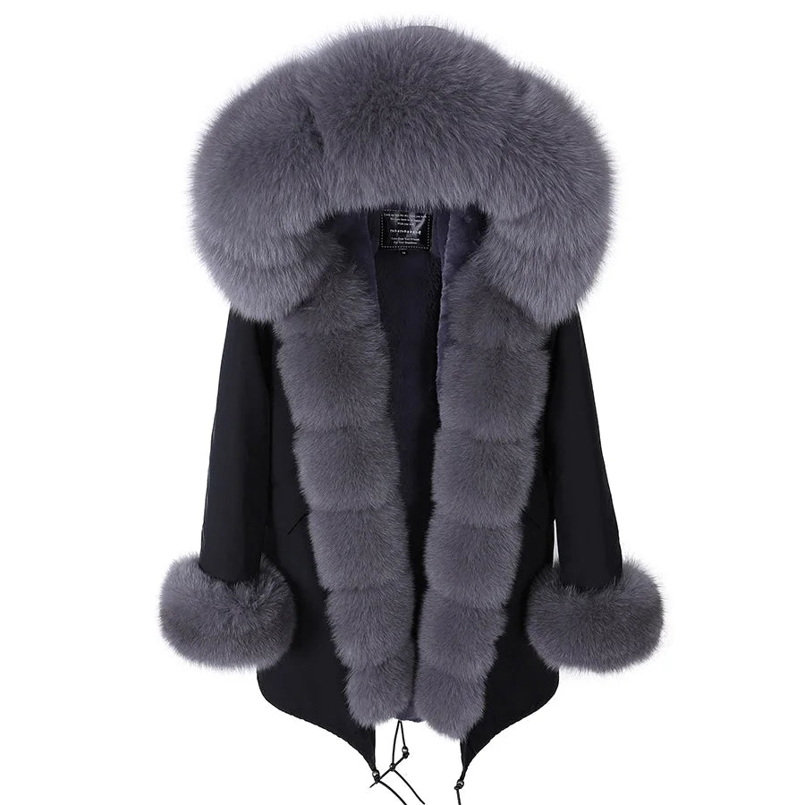 MAOMAOKONG 2024 Winter Women Coat Natural Fox Fur Collar Cuff Black Jackets Outwear Thick Luxury Real Fur Parka Women's Fur Coat