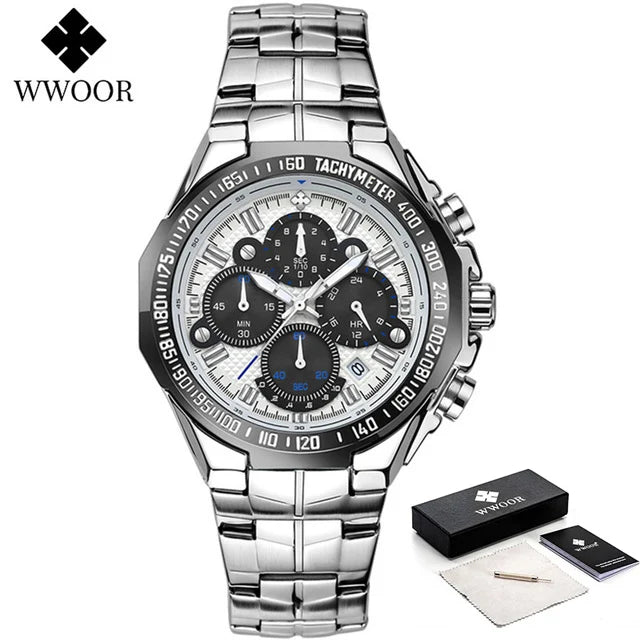 Sports Watches For Men Fashion Quartz Men Big Clock WWOOR Top Brand Luxury Military Full Steel Waterproof Chronograph Wristwatch
