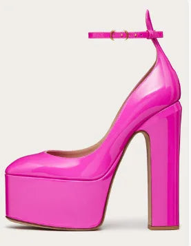 Fashion Thick Sole Pumps Block High Heel Round Toe Ankle Strap Women Dress Shoes Platform Sandal Patent Big Size 43