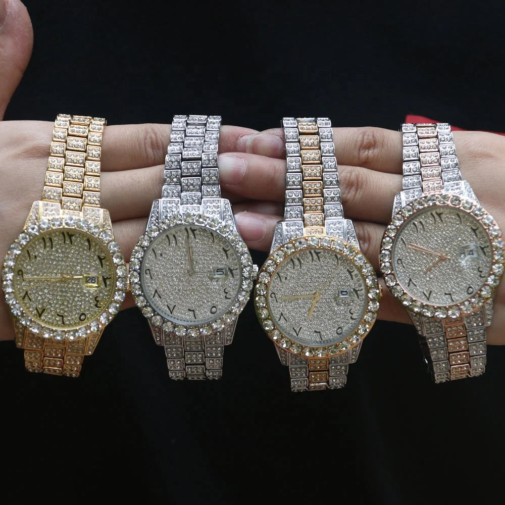 Brand Hip Hop 18k Gold Plated Steel CZ Diamond Wrist Men Watches