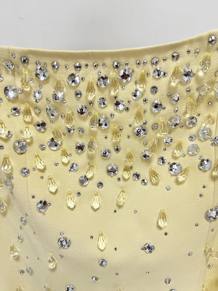 LS2656 Ladies Casual Dress Solid Square Neck Long Sleeve Crystal Party Luxury Dresses Women Elegant