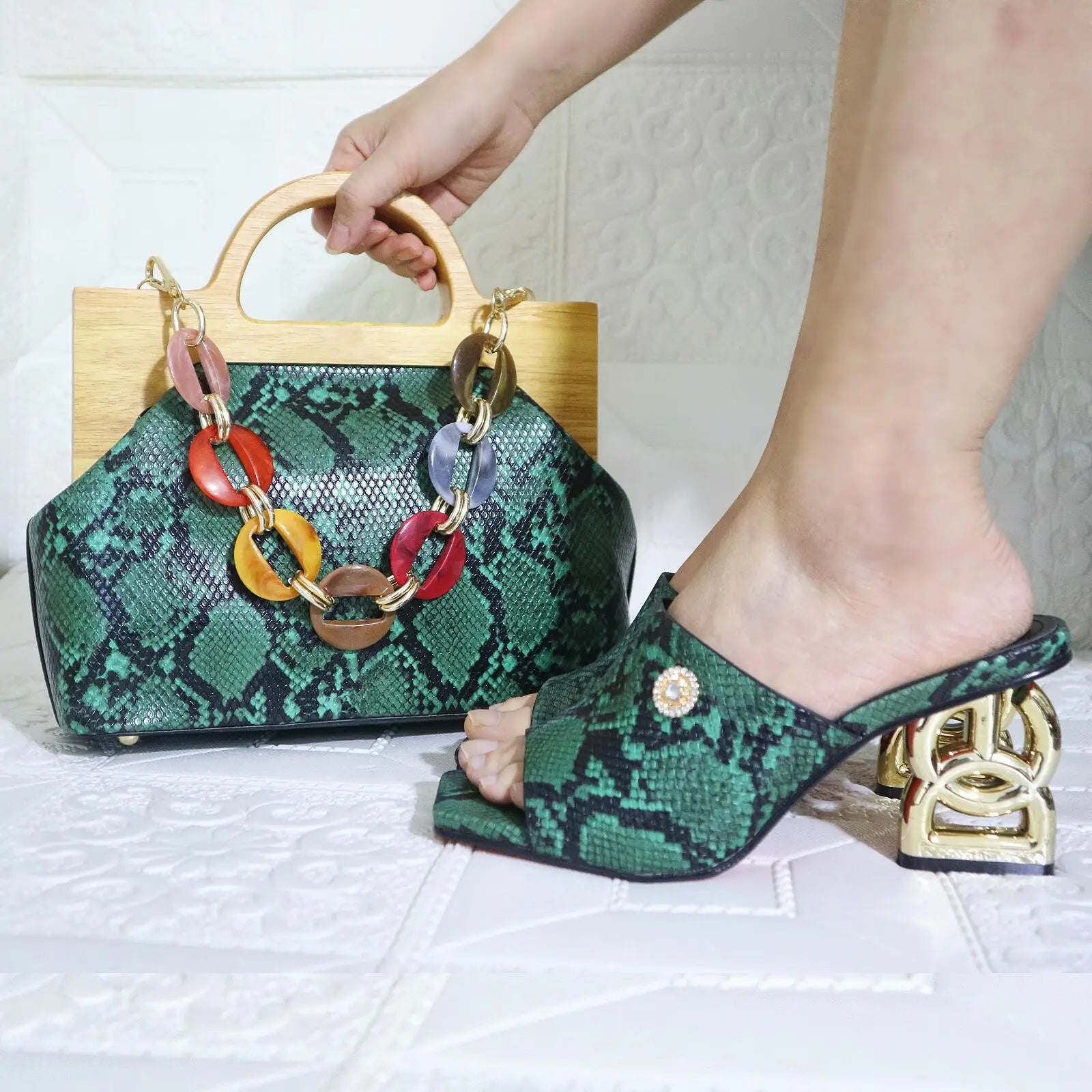 Doershow new come Matching Women Shoe and Bag Set Decorated green Nigerian Shoes and Bag Set Italy Shoes and Bag set...