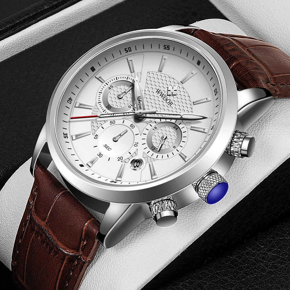 2024 New WWOOR Design Men Watches Top Brand Luxury Waterproof Leather Quartz Wristwatch Sports Chronograph Relogio Masculino+Box