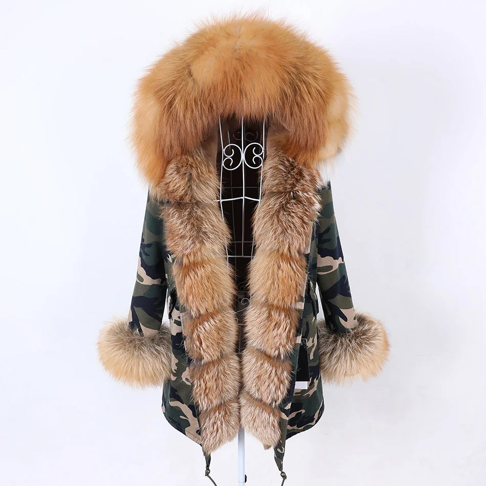 MAOMAOKONG 2024 Winter Women Coat Natural Fox Fur Collar Cuff Black Jackets Outwear Thick Luxury Real Fur Parka Women's Fur Coat