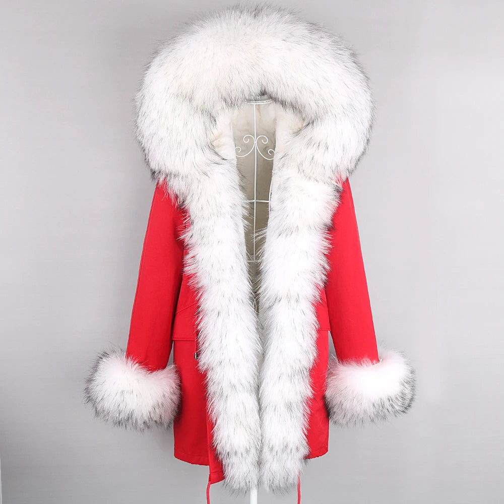 2024 Winter Jacket Women Natural Raccoon Fur Collar Real Fur Coat Color matching Hood Cuffs Thick Warm Outerwear New Long Parka