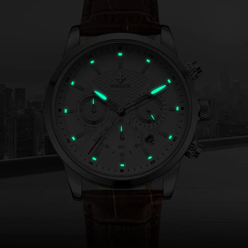 2024 New WWOOR Design Men Watches Top Brand Luxury Waterproof Leather Quartz Wristwatch Sports Chronograph Relogio Masculino+Box