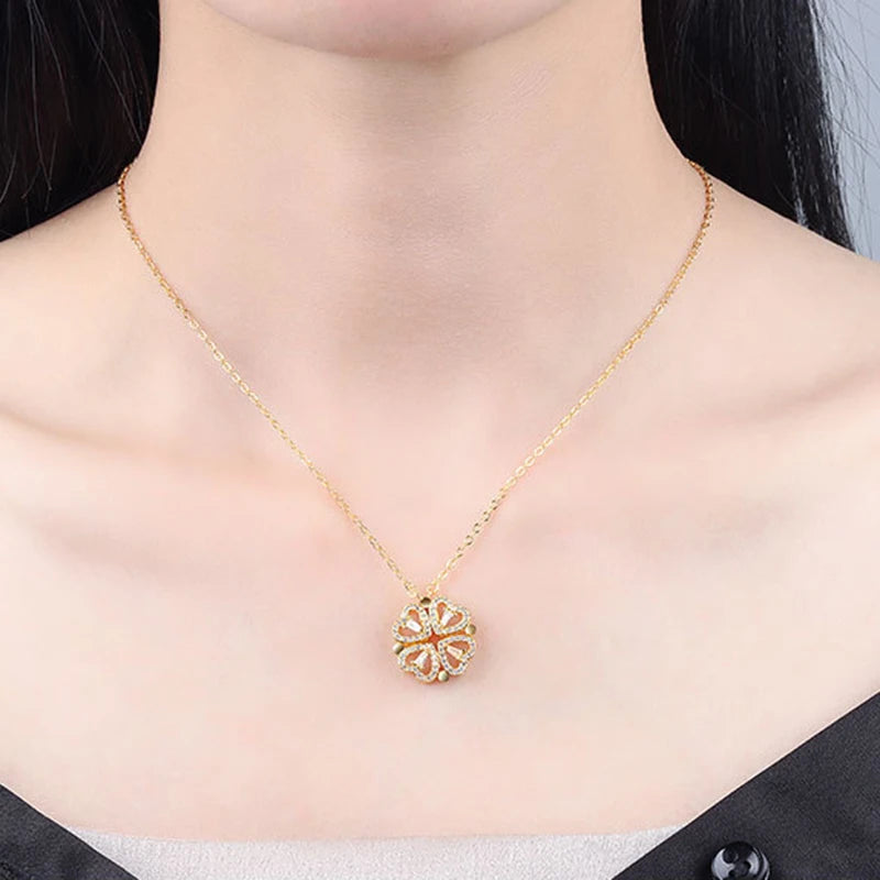 KOFSAC Luxurious Two In One Love Heart Four Leaf Clover Necklace 925 Silver Jewelry Zircon Lucky Grass Fashion Women Girl Gifts