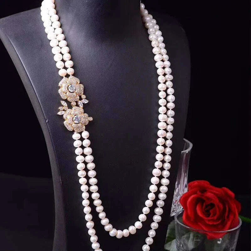2ROWS freshwater pearl WHITE/GRAY ROUND 8-9MM necklace 24-26" FPPJ wholesale for woman gift