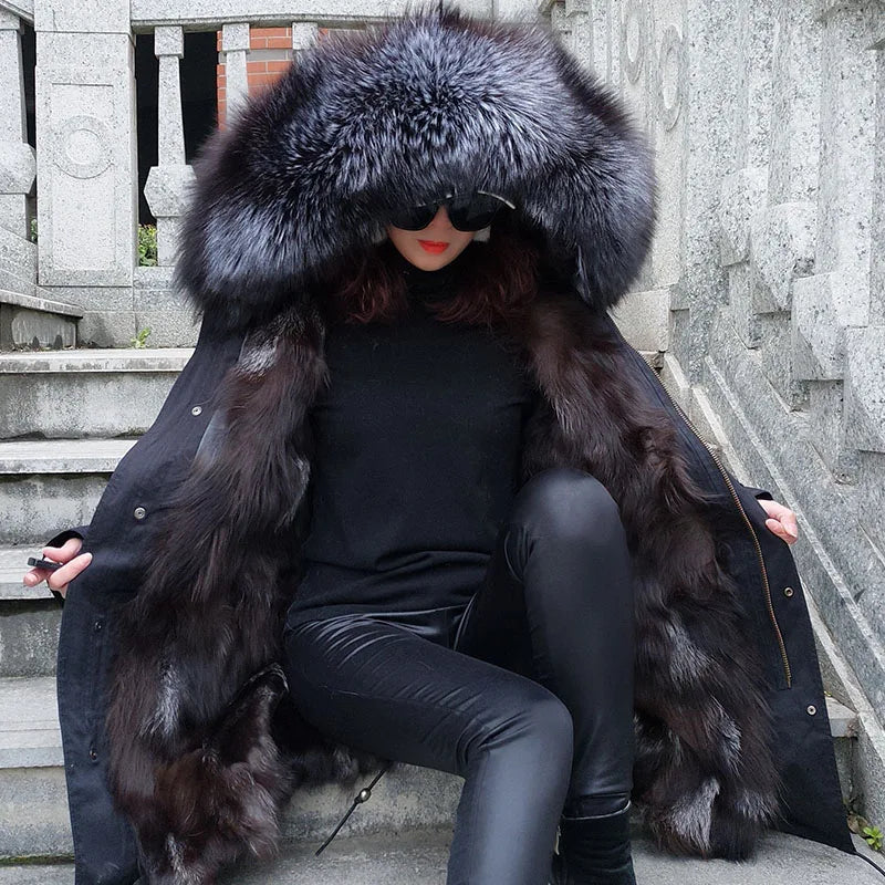 Maomaokong Winter Women's Fur Jacket Long Outdoor Tops Real Fox Fur Collar Inner Fur Lining Parka Natural Silver Fox Women Coat