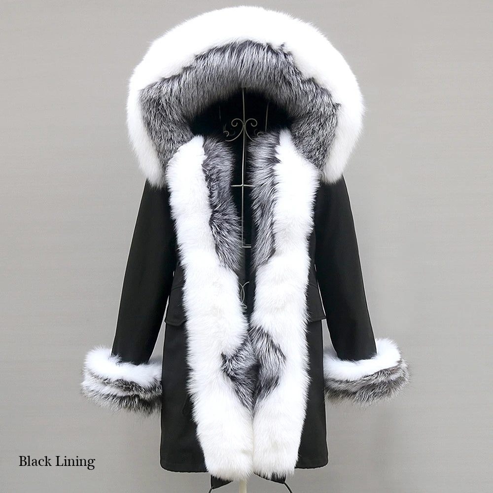 2024 Winter Jacket Women Natural Raccoon Fur Collar Real Fur Coat Color matching Hood Cuffs Thick Warm Outerwear New Long Parka