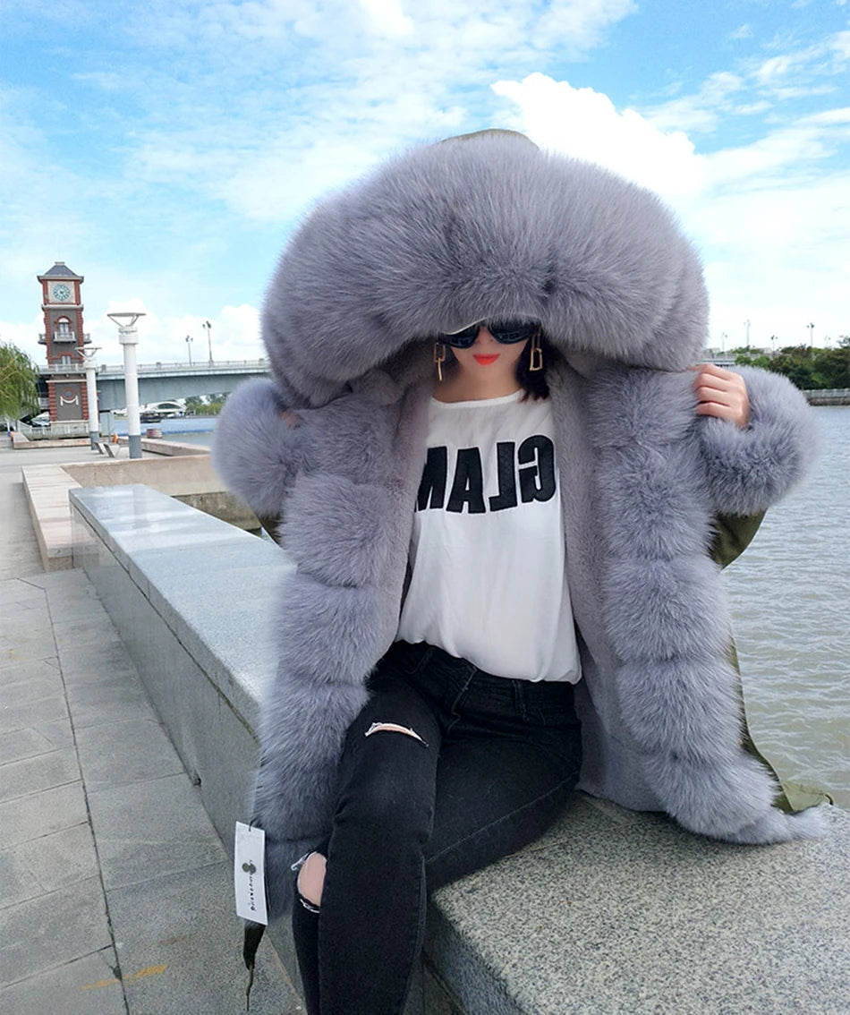 MAOMAOKONG 2024 Winter Women Coat Natural Fox Fur Collar Cuff Black Jackets Outwear Thick Luxury Real Fur Parka Women's Fur Coat