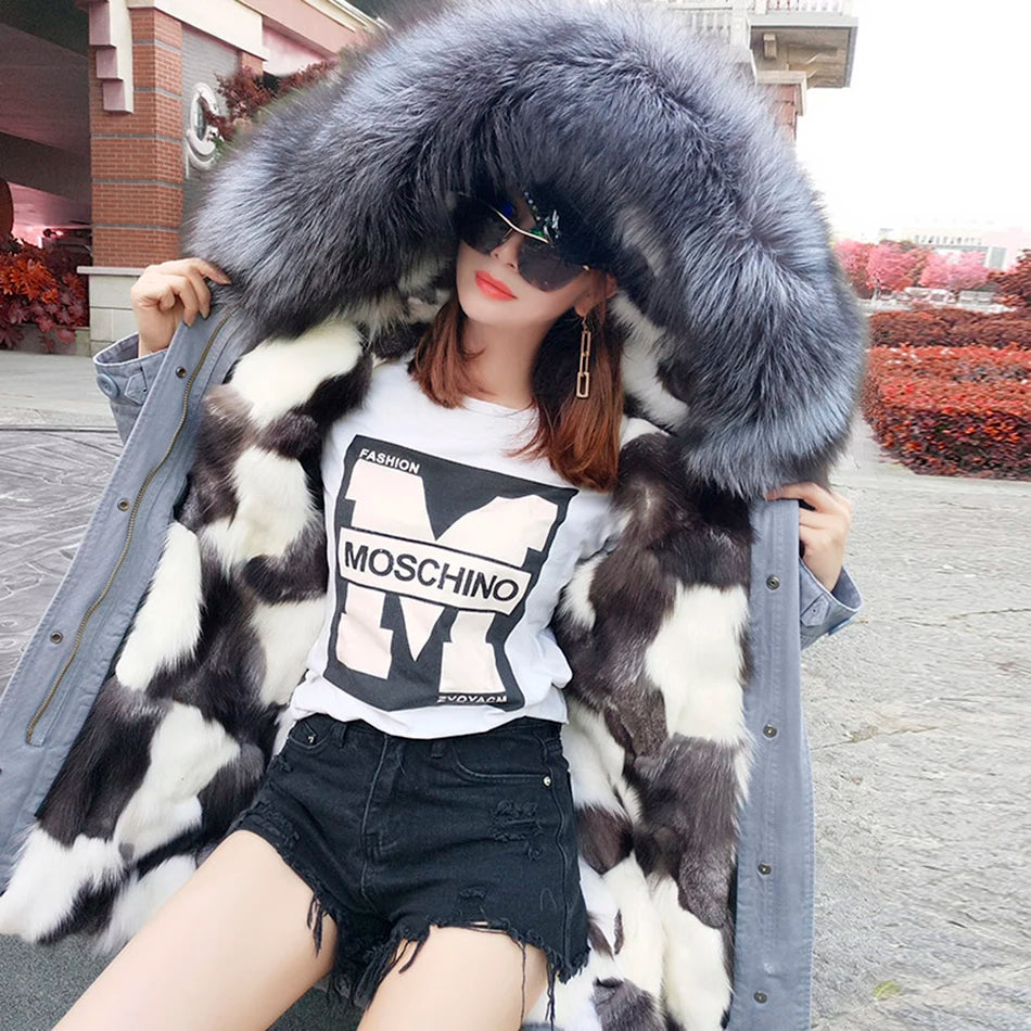 Maomaokong Winter Women's Fur Jacket Long Outdoor Tops Real Fox Fur Collar Inner Fur Lining Parka Natural Silver Fox Women Coat