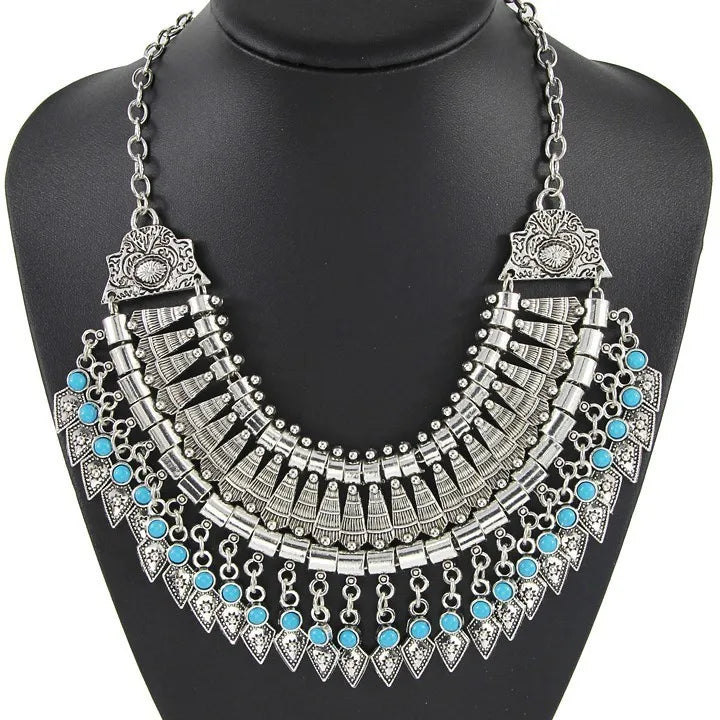 Indian Fashion Silver Plated Vintage Statement Large Necklace Women Boho Ethnic Maxi Big Collar Chunky Choker Necklace Jewelry