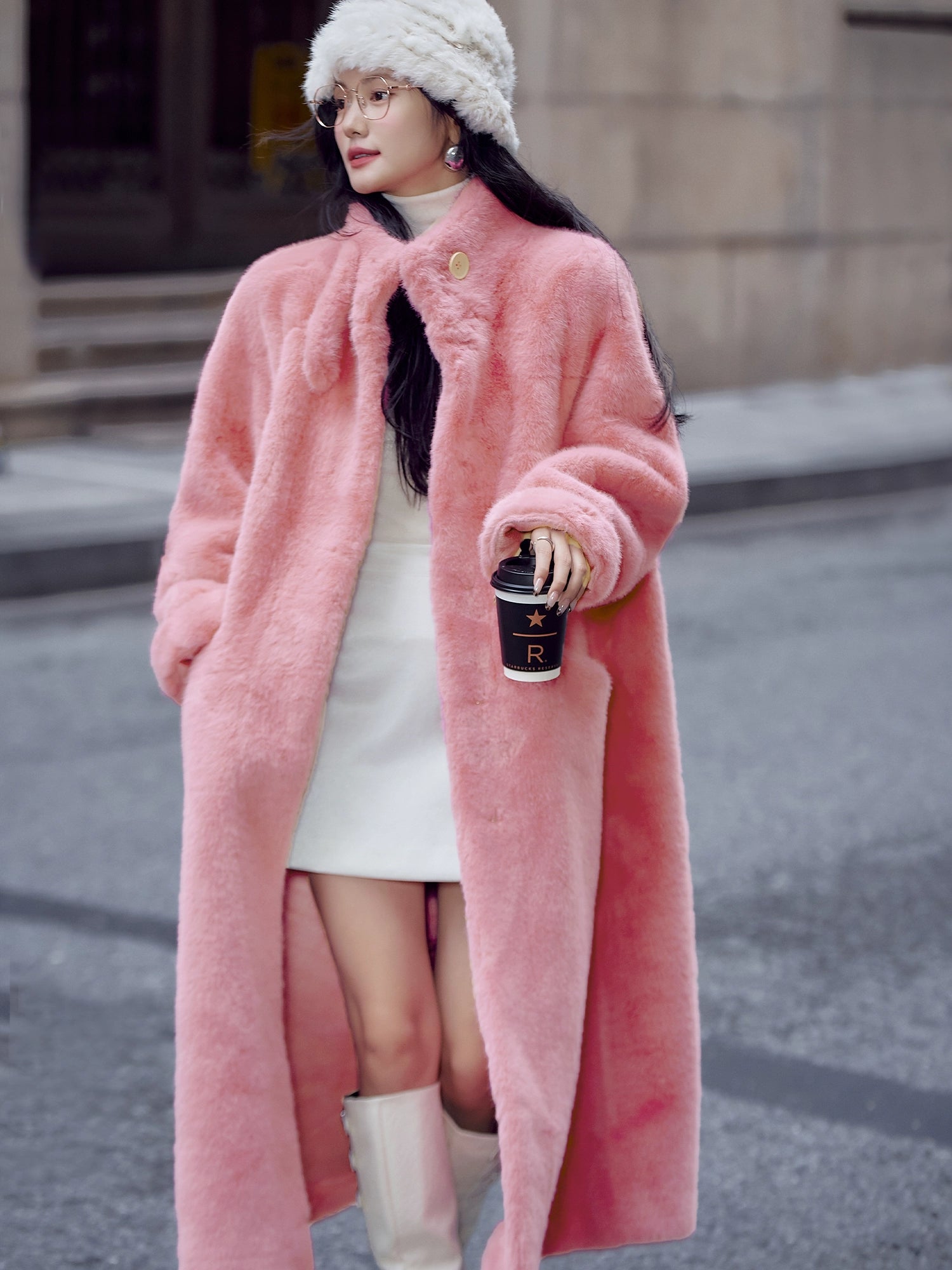 Basic House/Baijiahao New Year Battle Robe Rose Red Classy Furry Coat Female Winter Long Environmental-Friendly Fur