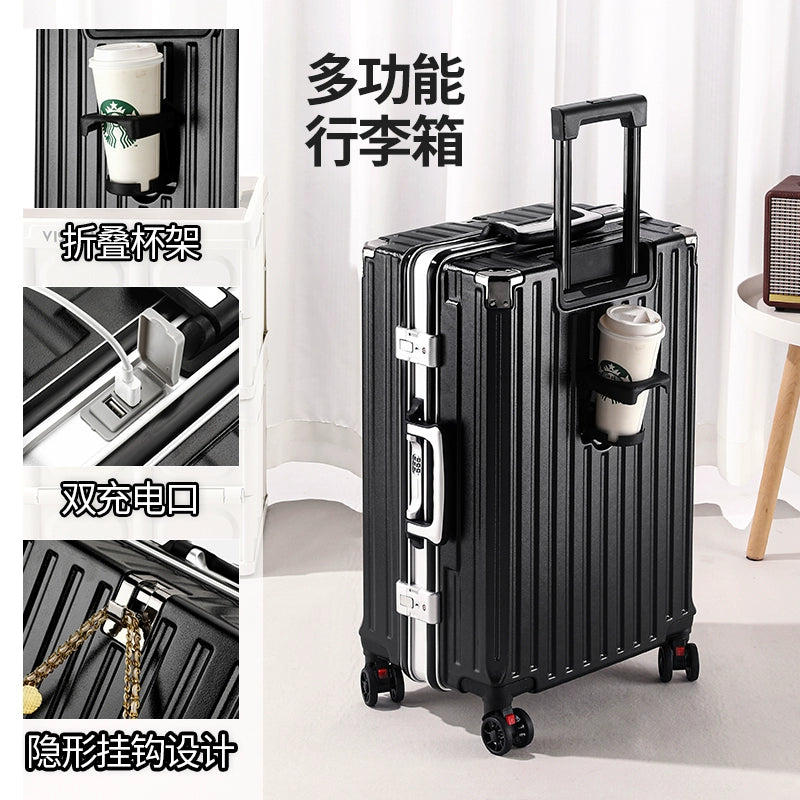 Multifunctional Luggage Women Men's Trolley Case 20-Inch Boarding Aluminum Frame Charging Large Capacity Travel Password Leather Case