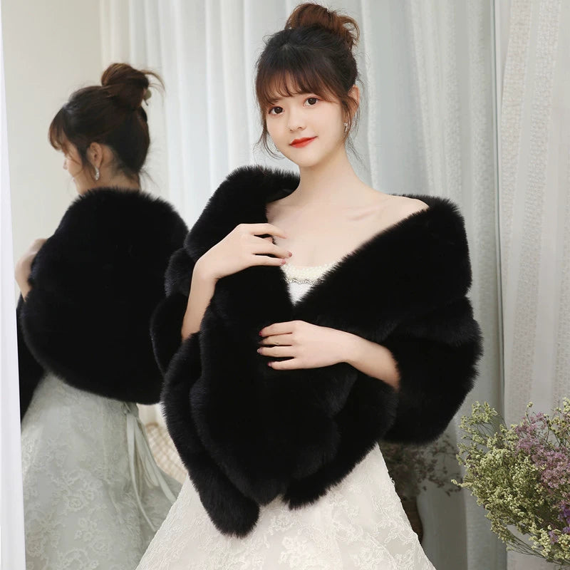 No. 19-Fall and Winter Bride Imitation Fox Fur Shawl Wedding Cloak Dress and Cheongsam Fur Cape Coat White Thick Women
