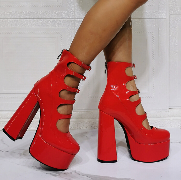 Hollow-out Bright Red Leather Chunky Heel Boots