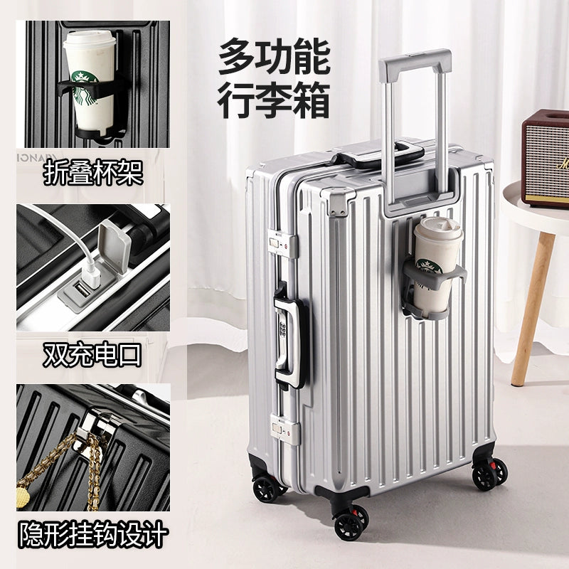 Multifunctional Luggage Women Men's Trolley Case 20-Inch Boarding Aluminum Frame Charging Large Capacity Travel Password Leather Case