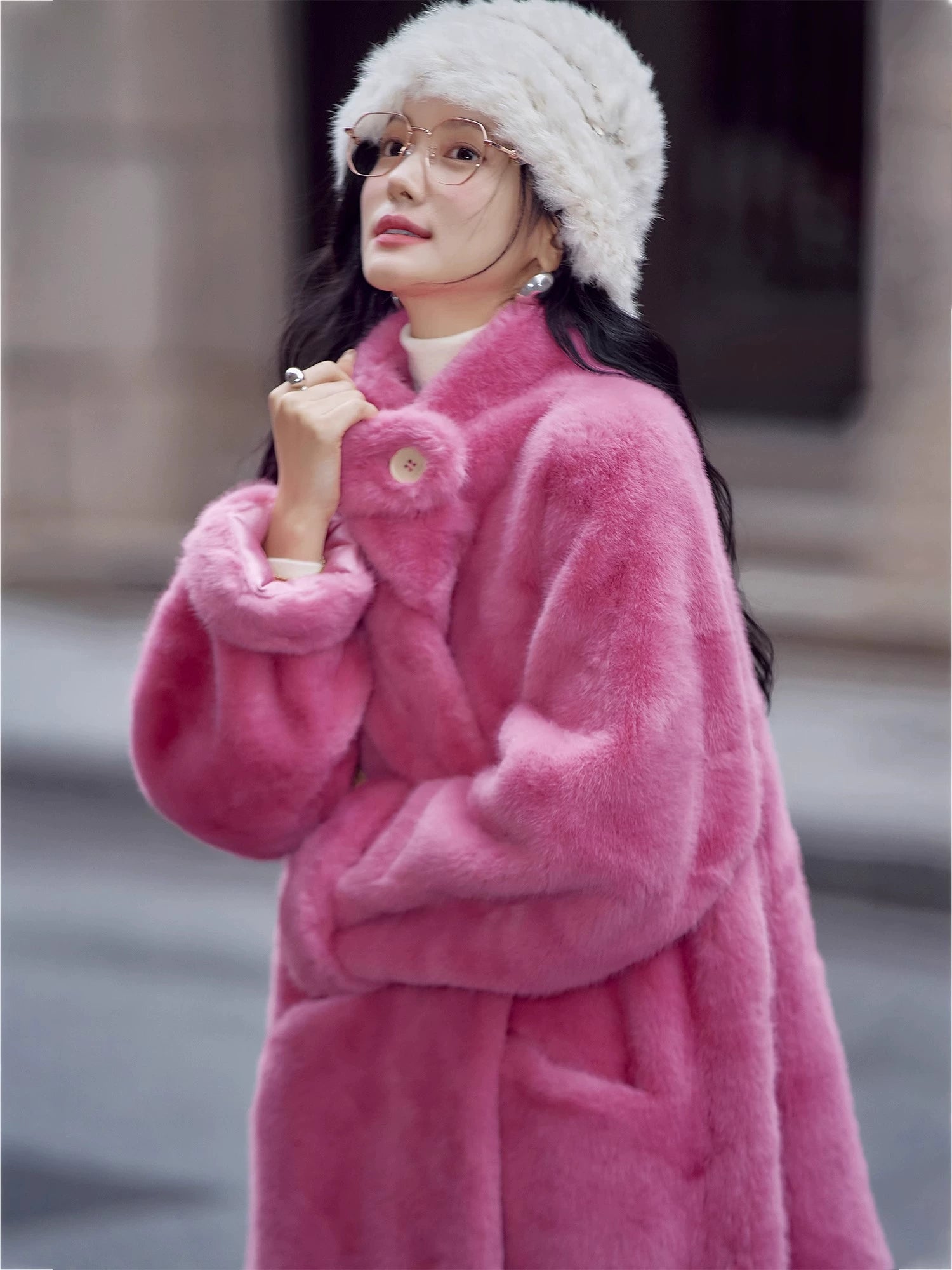Basic House/Baijiahao New Year Battle Robe Rose Red Classy Furry Coat Female Winter Long Environmental-Friendly Fur