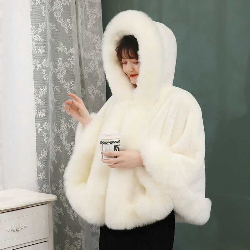 No. 19-Fall and Winter Bride Imitation Fox Fur Shawl Wedding Cloak Dress and Cheongsam Fur Cape Coat White Thick Women