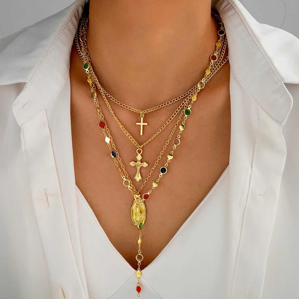4Pcs/Set Cross Colorful Crystal Necklaces For Women Simple Gold Silver Color Y-Shaped Pendant Necklace Set New Christian Jewelry