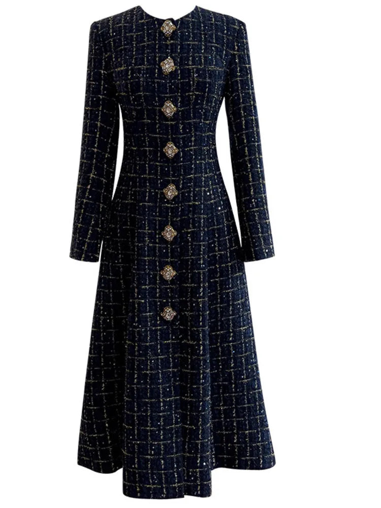 IEQJ Fashion Autumn Winter Evening Dress Women O-Neck Long Sleeves Single-breasted Zipper Cotton Tweed Umbrella Dresses New