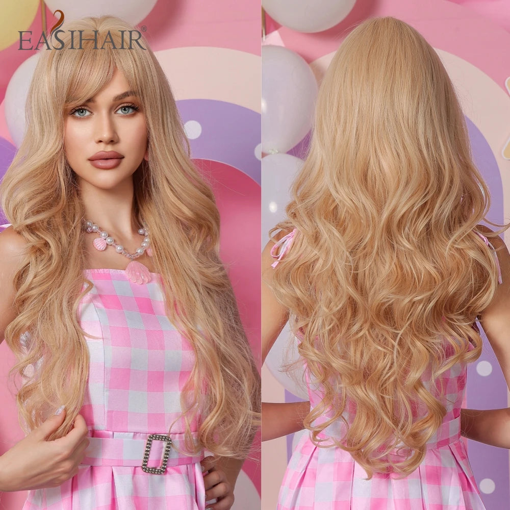 EASIHAIR Sandy Blonde Golden Wavy Synthetic Wigs with Long Bangs Cosplay Lolita Party Hair Wigs for Women Natural Heat Resistant