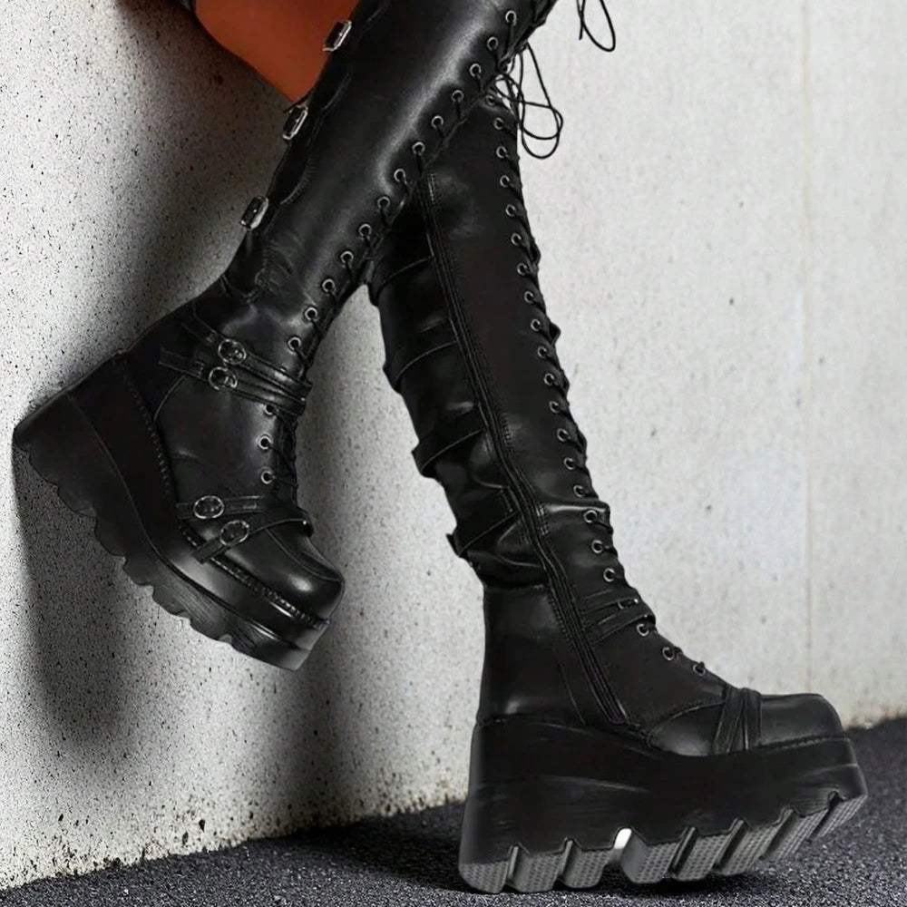 Gothic Over The Knee Boots Y2k Chunky Heel Lace Up Combat Booties Metal Buckle Punk Women Cosplay Holloween Dress Shoes