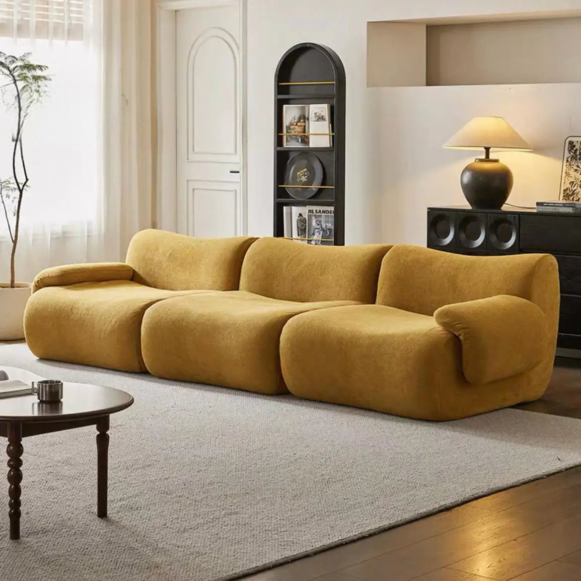Vacuum-Compressed Modular Sofa, Wabi-Sabi Sherpa Fabric Sectional with High-Elastic Foam, Cream Mid-Century Style, Space...