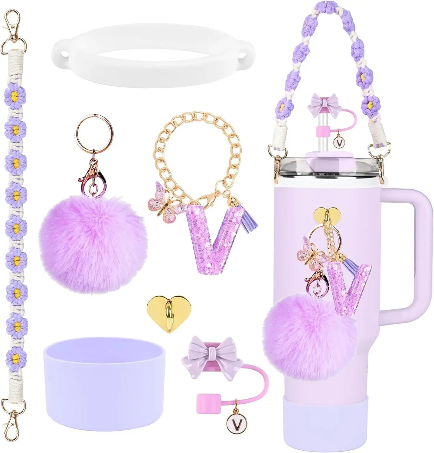 7PCS Accessories Set for Stanley Cup Purple Straw Topper Cup Boot Water Bottle Handle Strap Letter Charms 40oz 30oz Tumbler