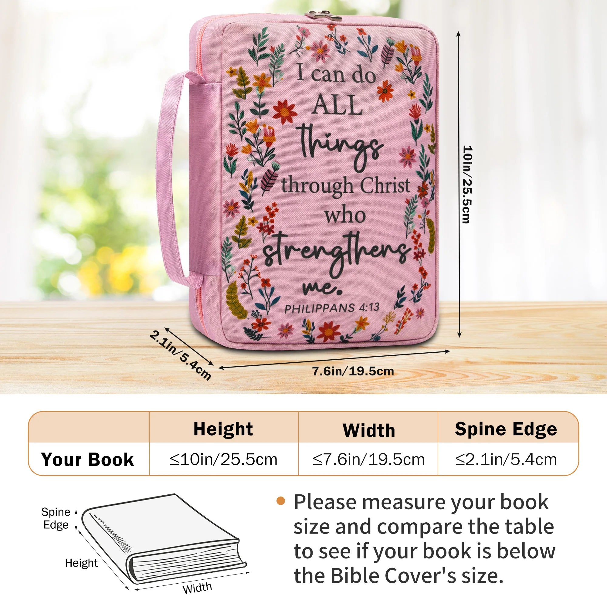 Bible Cover for Women, Pink Floral Scripture Case, Large Capacity Church Book Organizer, Christian Gift for Ladies